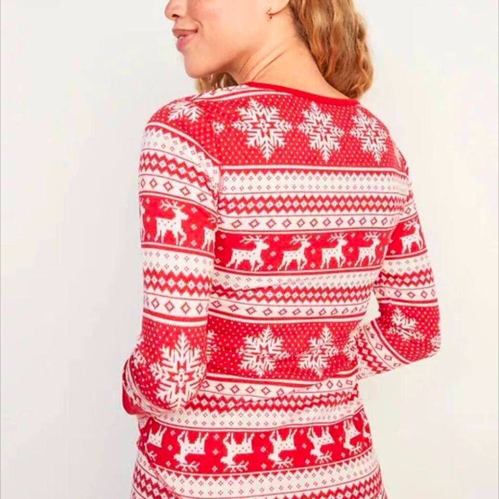 Old Navy Red Fair Isle Reindeer Thermal Knit Waffle Tee Shirt Top XL Tall - Picture 2 of 6